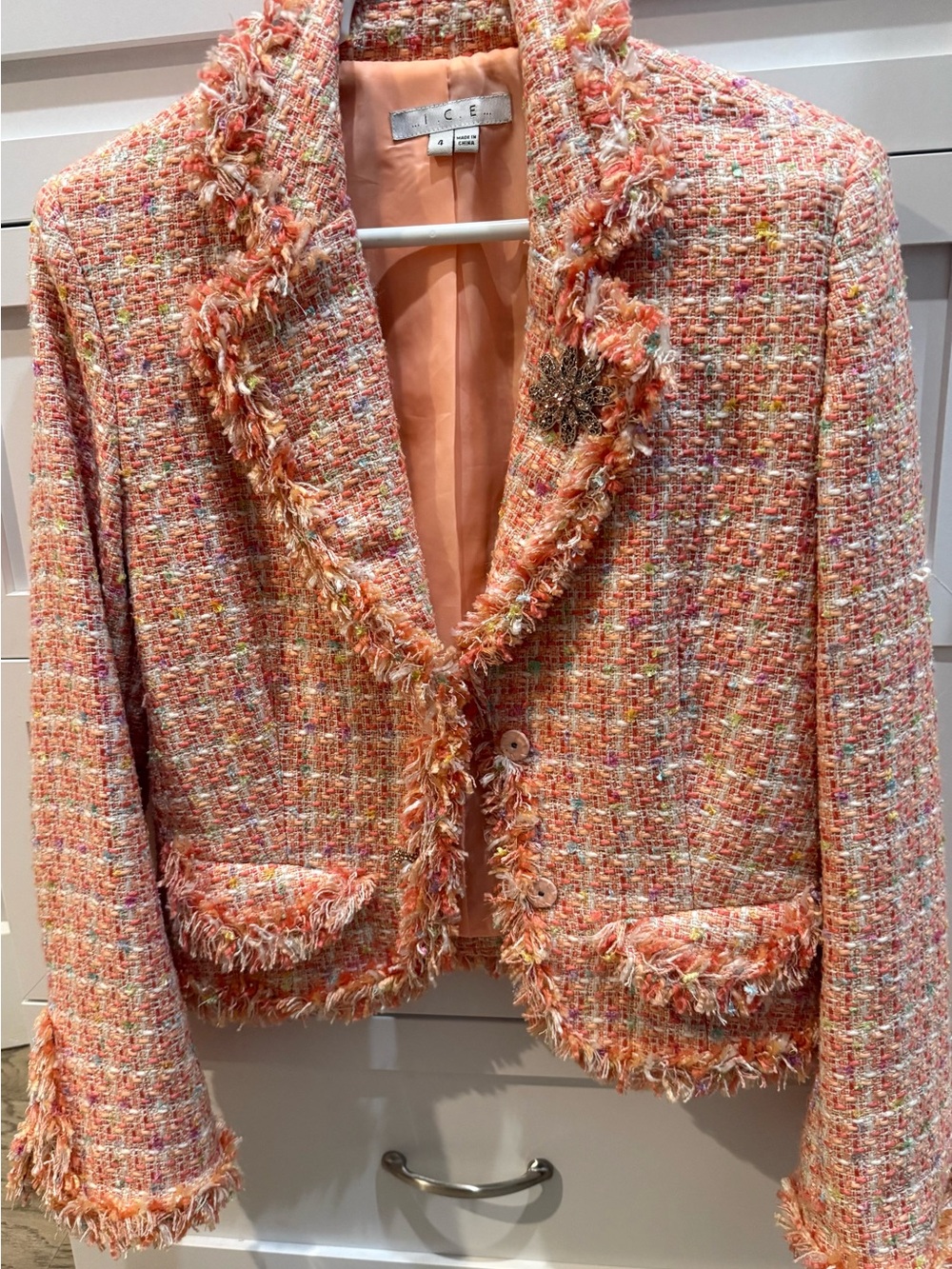 Peach Tweed Frayed Blazer Jacket - Women
